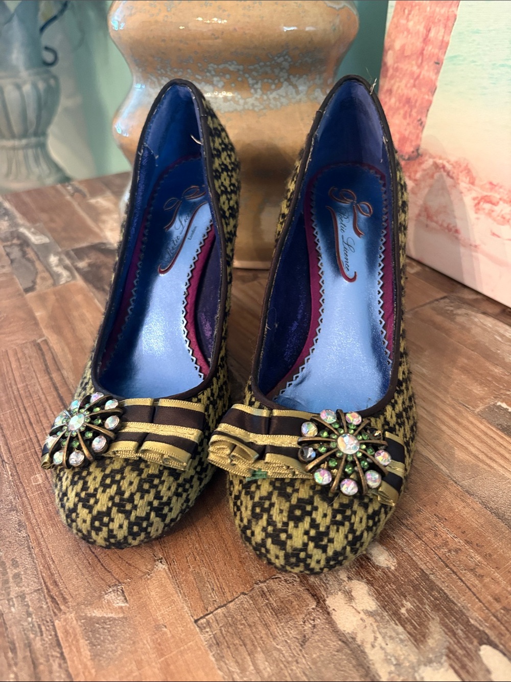 Poetic License Yellow-Green Patterned Mid Heel Pumps with Decorative Buckle